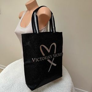 Victoria's Secret Glamour Glitter Bling Black Tote Bag with Silver Heart VS Logo